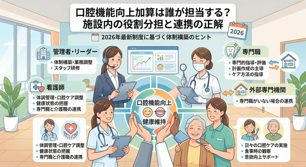 口腔機能向上加算における施設内の役割分担と多職種連携の正解を描いた図解。管理者・リーダー、専門職、看護師、介護職員、外部専門機関が、それぞれ担うべき業務(体制構築、計画作成、体調管理、日々のケア実施など)を明確にし、利用者の健康維持を中心にチームで連携する体制を解説