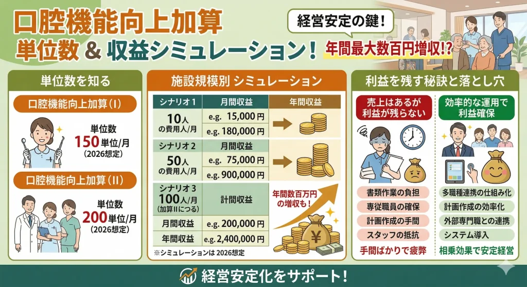 口腔機能向上加算の単位数と、施設規模別の収益シミュレーションをまとめた図解。年間数百万円の増収が見込める試算や、書類作業等の負担で利益が残らない落とし穴、および多職種連携やシステム導入といった効率的な運用で利益をしっかり残す秘訣を解説