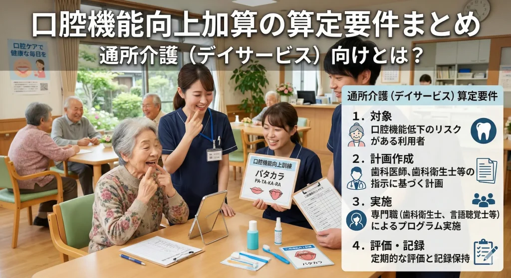 通所介護（デイサービス）における口腔機能向上加算の4つの算定要件（対象者、計画作成、実施、評価・記録）のまとめ