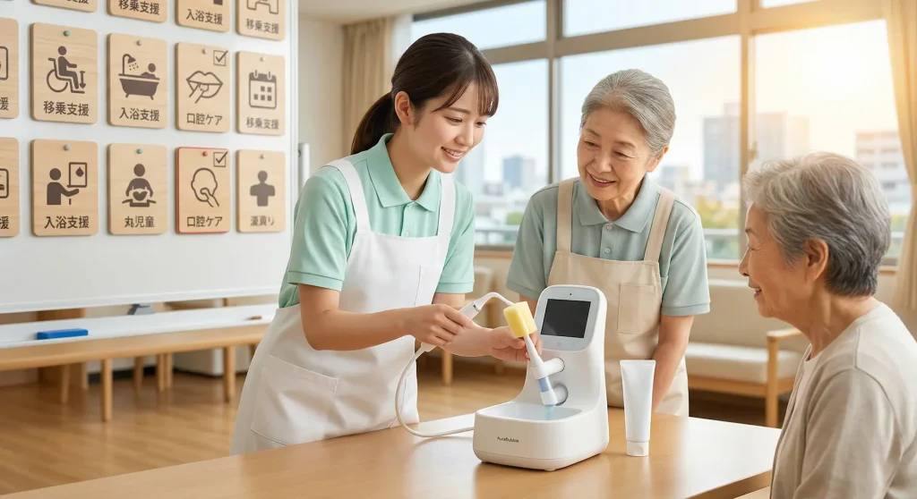清潔な介護施設のリビングで、若い介護職員が高齢女性に最新の口腔ケア機器（吸引機能付き）の使い方を笑顔で説明している。手前には吸引ノズルとコップが置かれ、壁のピクトグラムには「口腔ケア」の文字が見える。