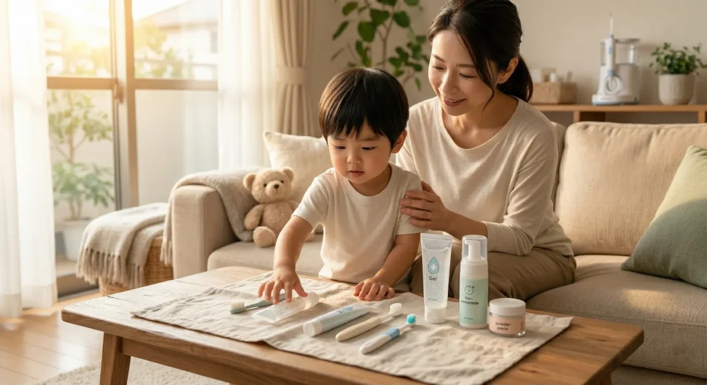 自閉症や感覚過敏で歯磨きを嫌がるお子様のために、リビングで一緒に歯磨き粉を選んでいる母親。テーブルにはパニック対策におすすめの泡立たないジェルタイプや、刺激の少ない歯磨き粉が並んでいます。