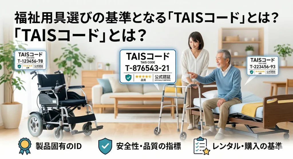福祉用具選びの基準となるTAISコードの解説と、車いすや歩行器を選ぶ高齢者のイメージ