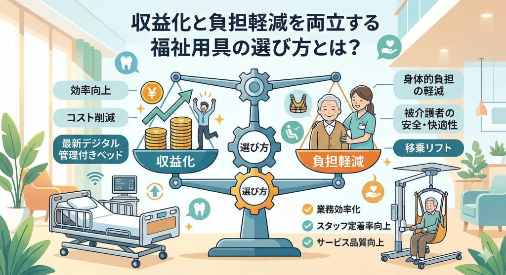 介護施設における収益化（コスト削減）と、スタッフの身体的負担軽減を両立させる福祉用具の選び方を図解したイメージ