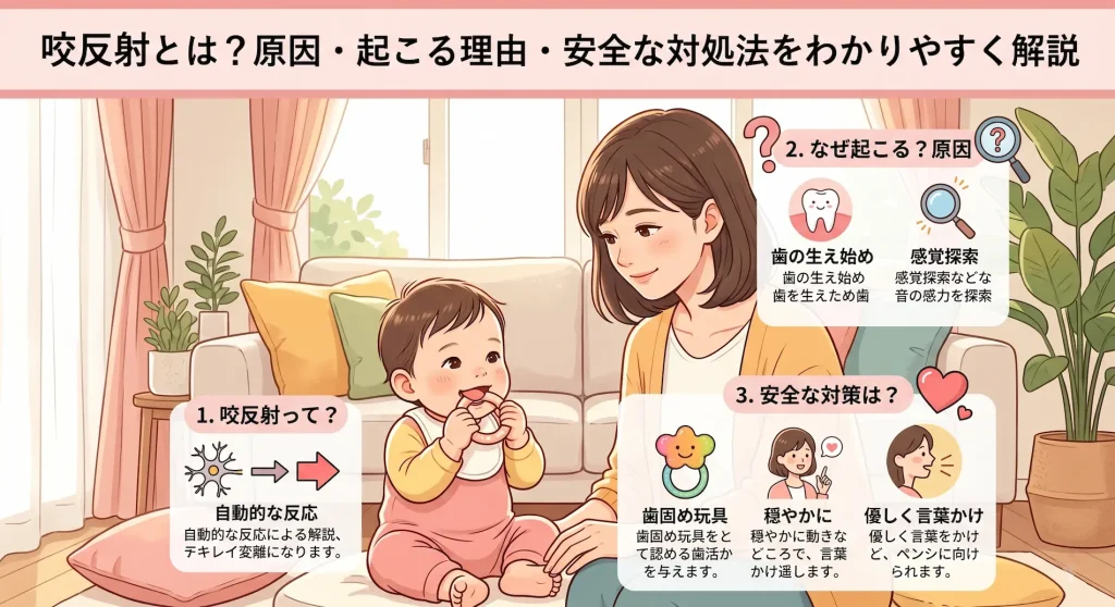咬反射（こうはんしゃ）が起こる理由や原因、安全な対処法を分かりやすく解説したイラスト付きの紹介画像
