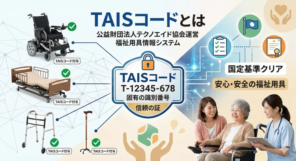 TAISコードの仕組みと、国定基準をクリアした安心・安全な福祉用具のイメージ図