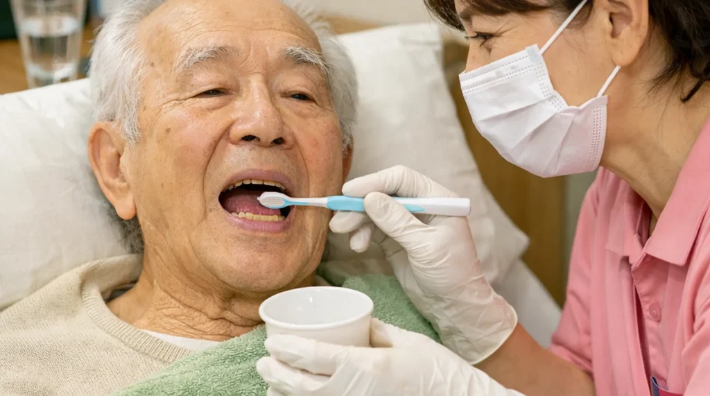 在宅介護で高齢男性に歯磨きの口腔ケアを行う介助者の様子